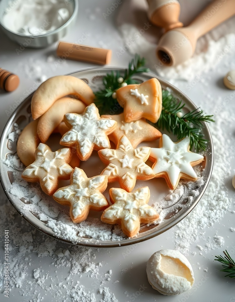 Close-up of an assortment of Christmas cookies with a background of a snowy window and warm, glowing candles, creating a festive holiday atmosphere., snowing outside the window Close-up of an assortment of Christmas cookies with a background of a snowy window and warm, glowing candles, creating a festive holiday atmosphere., snowing outside the window