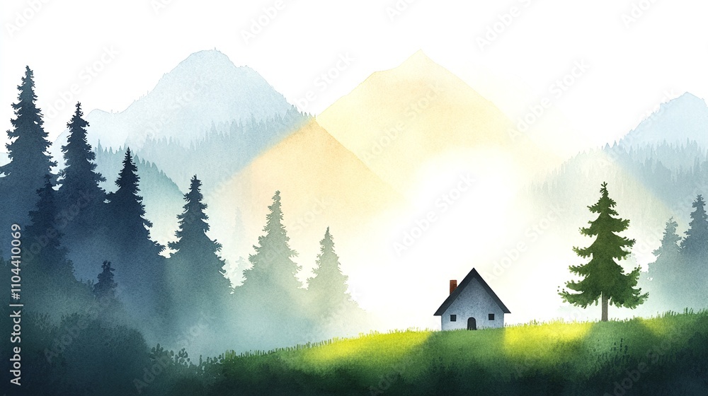 Fototapeta premium Serene mountain landscape illustration, cabin on grassy hill, misty forest background, peaceful nature scene, watercolor style digital art, copy space, tranquil atmosphere, bright sunlight.