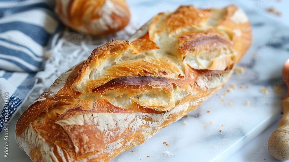 A baguette with a golden-brown crust, freshly baked and resting on a white surface A baguette with a golden-brown crust, freshly baked and resting on a white surface
