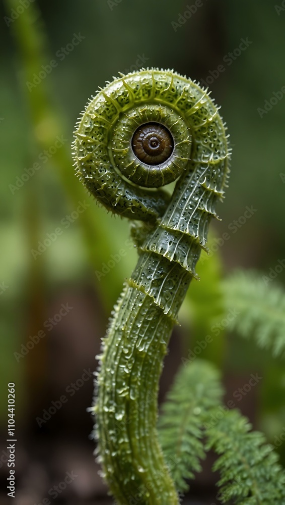 Close-up of a fern fiddlehead unfurling. Close-up of a fern fiddlehead unfurling.