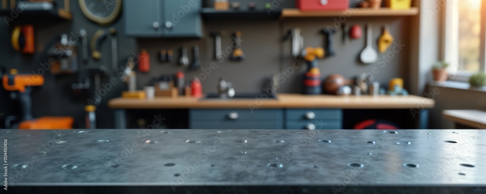 Empty metal surface in a blurred garage or workshop background. Mockup shows empty metal workbench. Suitable for product demonstrations or tools. Copy space for advertising and presentation. Empty metal surface in a blurred garage or workshop background. Mockup shows empty metal workbench. Suitable for product demonstrations or tools. Copy space for advertising and presentation.