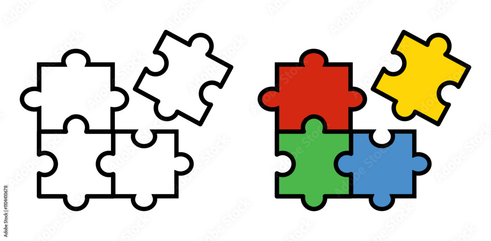 Puzzle isolated icon set. Line, solid and filled outline colorful version, outline and filled vector sign. Plugins symbol. Jigsaw puzzle game vector. Puzzle pieces. Puzzle icon set. Puzzle isolated icon set. Line, solid and filled outline colorful version, outline and filled vector sign. Plugins symbol. Jigsaw puzzle game vector. Puzzle pieces. Puzzle icon set.