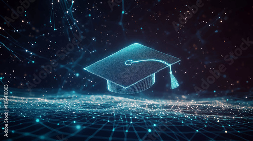 Abstract digital art of an open graduation cap made from glowing lines and dots, floating above a network grid on a dark blue background, power to shape your future through education.