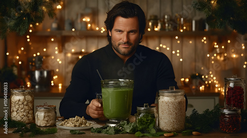 
 
Man making and drinking smoothies, healthy eating with a blender. photo