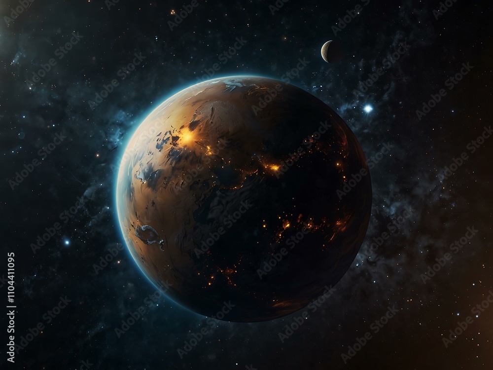 Fototapeta premium Close-up of a glowing planet floating in space with stars.
