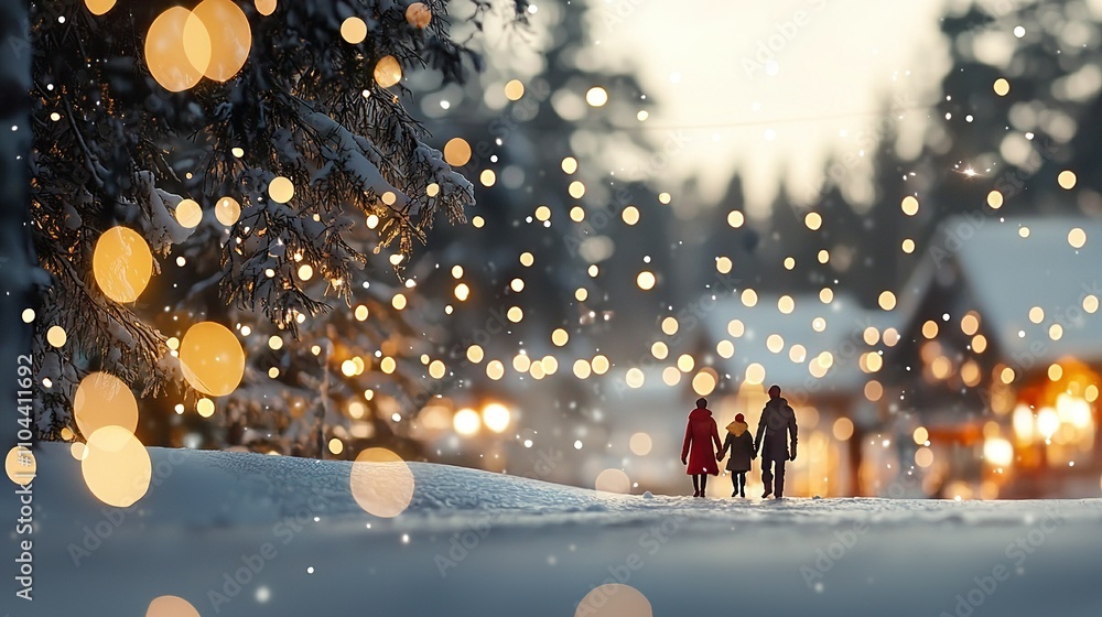 Two individuals on a snow-covered field with numerous lights surrounding them Two individuals on a snow-covered field with numerous lights surrounding them