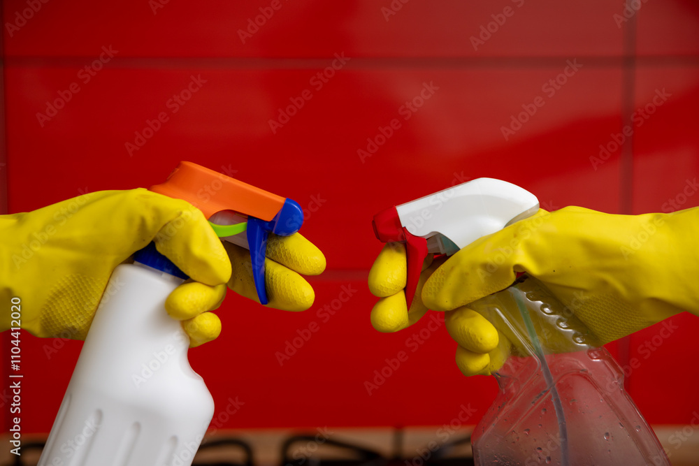 Obraz premium Cleaning Supplies in Action Spray Bottles for Achieving a Sparkling Clean and Hygiene