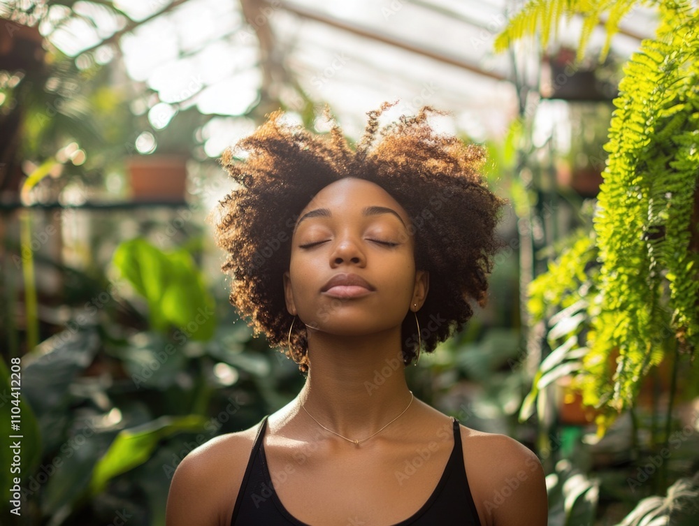 Woman with braids practicing meditation amid greenery. Woman with braids practicing meditation amid greenery.