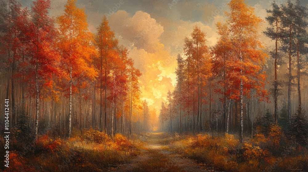 Autumnal forest path at sunset, vibrant fall foliage, sunlight through trees. Autumnal forest path at sunset, vibrant fall foliage, sunlight through trees.