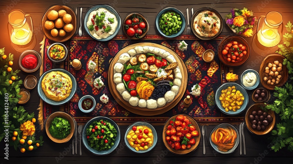 Vibrant Array of Mediterranean Dishes Showcasing Fresh Ingredients and Rich Colors for an Inviting Culinary Experience Around a Rustic Table Vibrant Array of Mediterranean Dishes Showcasing Fresh Ingredients and Rich Colors for an Inviting Culinary Experience Around a Rustic Table