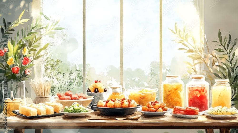 A Vibrant Display of Fresh, Colorful Desserts and Dishes on a Wooden Table Bathed in Natural Light with Lush Greenery in the Background A Vibrant Display of Fresh, Colorful Desserts and Dishes on a Wooden Table Bathed in Natural Light with Lush Greenery in the Background