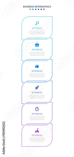 Vertical progress bar featuring 6 arrow-shaped elements, symbolizing the six stages of business strategy and progression. Clean timeline infographic design template. Vector for mobile presentation.