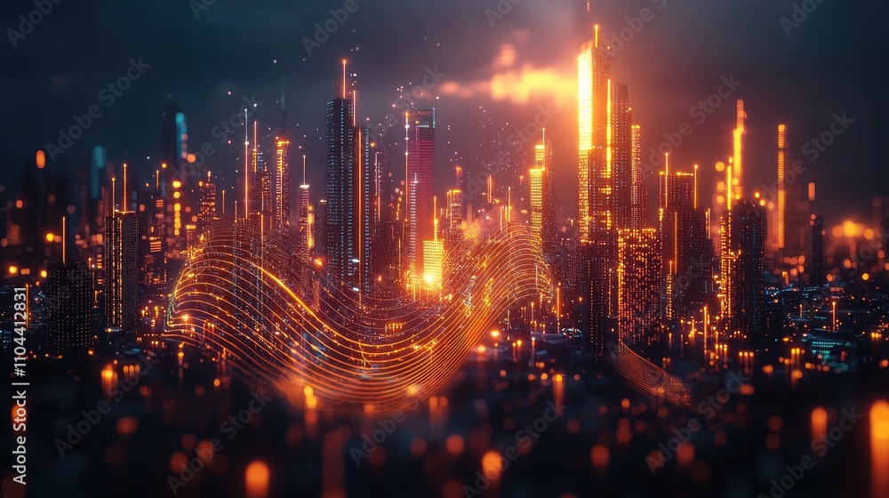 Fototapeta premium Digital City: Economic Flow and Urban Growth in a Cyberpunk Nightscape