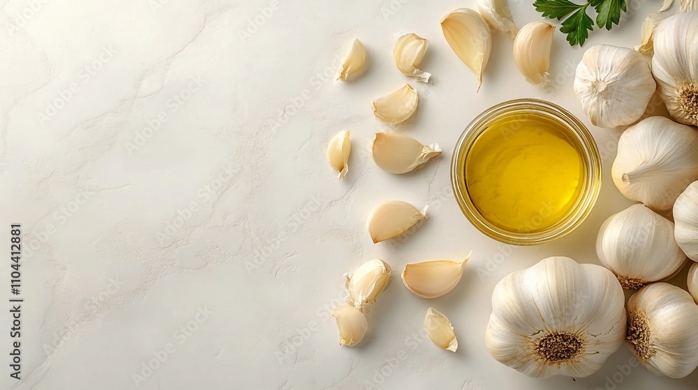 Garlic cloves and oil arranged on a marble surface for cooking preparation Garlic cloves and oil arranged on a marble surface for cooking preparation