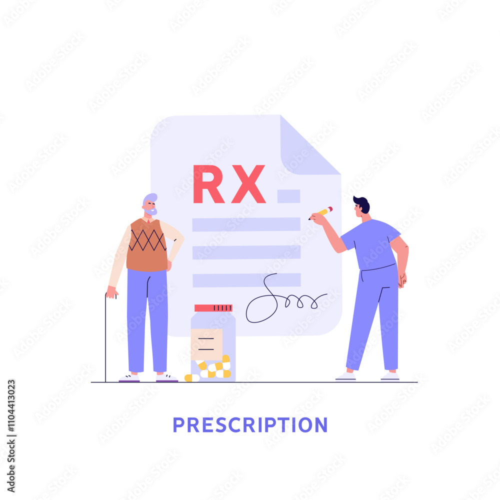 Doctor writes signature. Rx medical prescription for elderly people. Concept of medicine and pharmacy, healthcare, online prescription, disease therapy pills. Vector illustration in flat design Doctor writes signature. Rx medical prescription for elderly people. Concept of medicine and pharmacy, healthcare, online prescription, disease therapy pills. Vector illustration in flat design