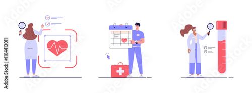Health Check Up Concept Web Banner. Medical Doctor Examining or Checking Patient. Set of Blood analysis, Health Calendar, Medical Report and Insurance. Vector illustration for Web Design