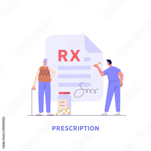 Doctor writes signature. Rx medical prescription for elderly people. Concept of medicine and pharmacy, healthcare, online prescription, disease therapy pills. Vector illustration in flat design