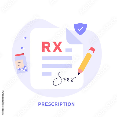Doctor writes signature. Rx medical prescription for elderly people. Concept of medicine and pharmacy, healthcare, online prescription, disease therapy pills. Vector illustration in flat design