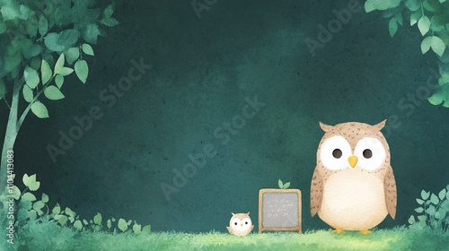 Watercolor owl family illustration in dark green forest, whimsical nature design with chalkboard, charming and peaceful woodland scene, cute artistic background

 photo