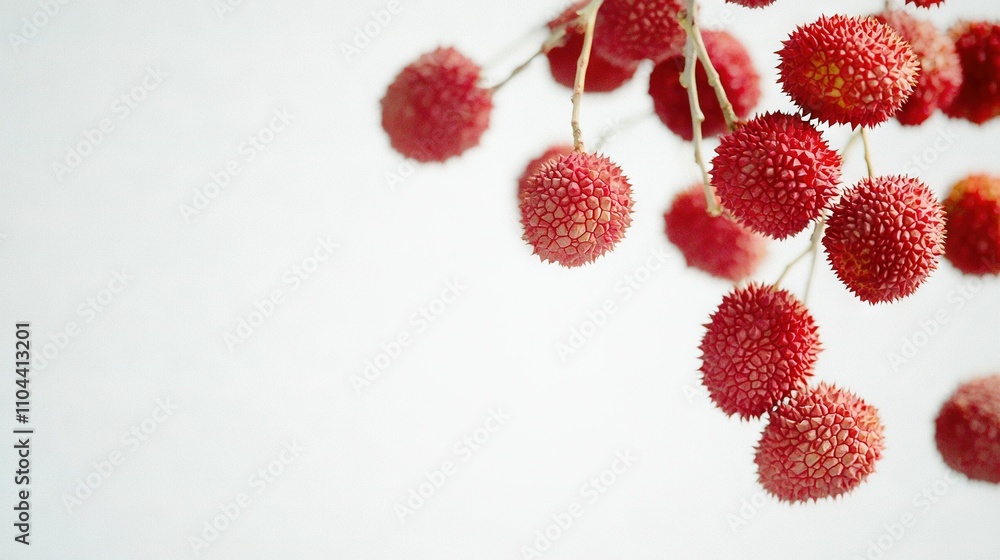Small red flowers on twig, white background Small red flowers on twig, white background