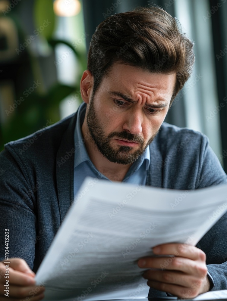 A man in business attire reads intently through a stack of papers, showing concern or intense focus. This image captures a professional moment in an office setting. A man in business attire reads intently through a stack of papers, showing concern or intense focus. This image captures a professional moment in an office setting.