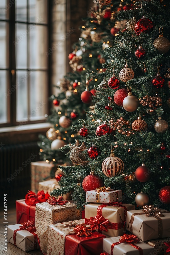 Christmas Room Interior Design, Xmas Tree Decorated By Lights Presents Gifts Toys, Christmas Room Interior Design, Xmas Tree Decorated By Lights Presents Gifts Toys,
