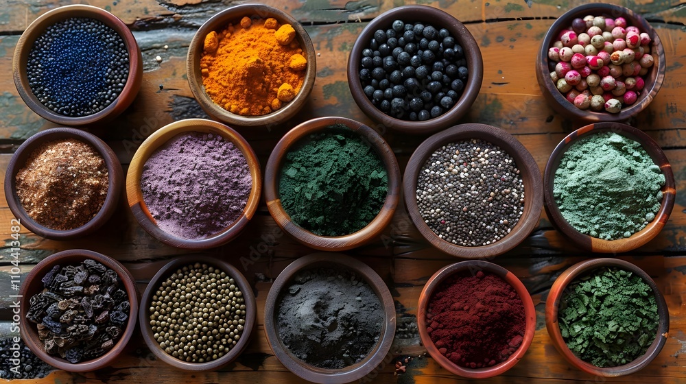 A variety of spices are displayed in bowls on a wooden table A variety of spices are displayed in bowls on a wooden table
