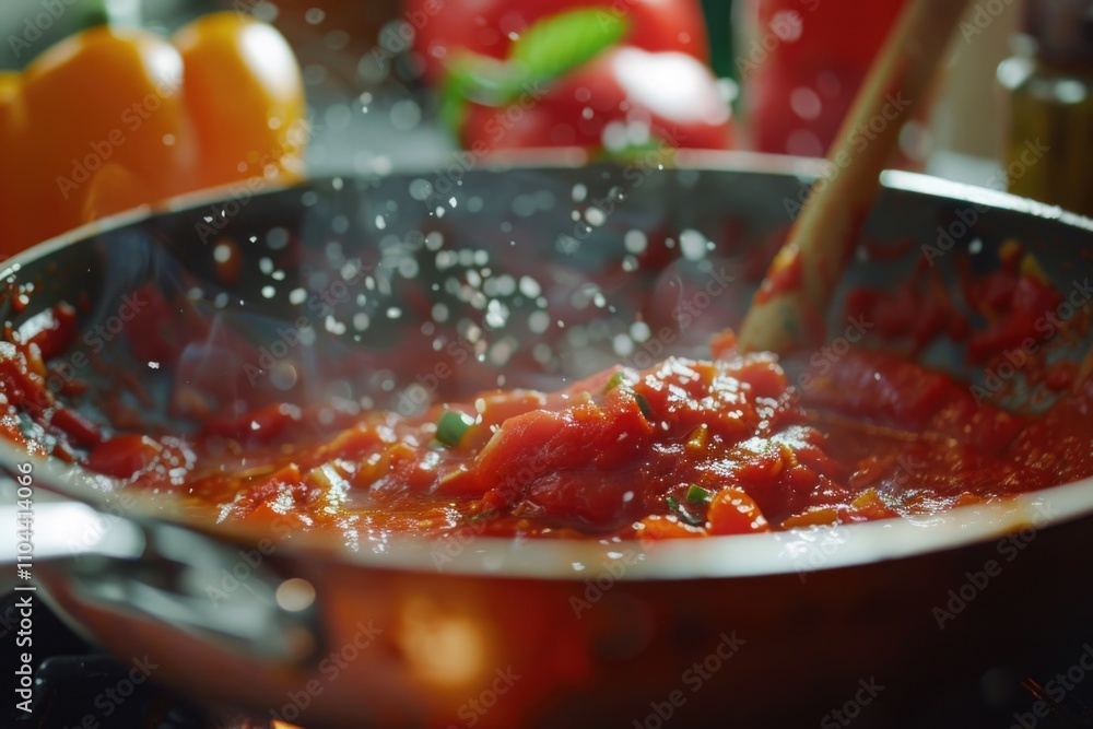 Pot of red sauce is being stirred in a pan. The sauce is thick and bubbling, and the steam rising from it is thick and white. The sauce is made with tomatoes, garlic, and basil, and it has a rich Pot of red sauce is being stirred in a pan. The sauce is thick and bubbling, and the steam rising from it is thick and white. The sauce is made with tomatoes, garlic, and basil, and it has a rich