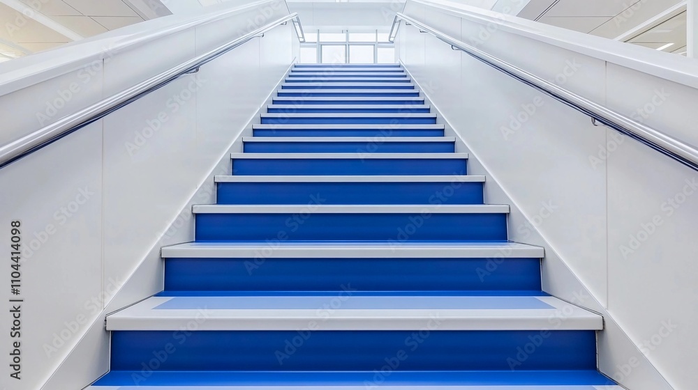Bright blue stairs lead to a well-lit upper level in a modern building interior Bright blue stairs lead to a well-lit upper level in a modern building interior