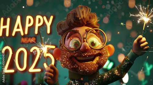 An animated character with sparklers in both hands, dancing near glittery HAPPY NEW YEAR 2025 text on a deep green background.