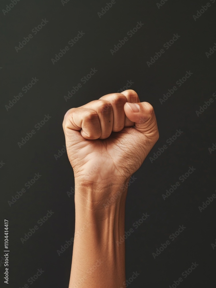 Fist is raised in the air, with the thumb and index finger extended. Concept of strength and determination Fist is raised in the air, with the thumb and index finger extended. Concept of strength and determination