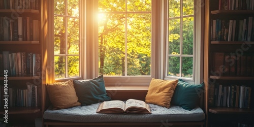 Books, books, and more books in a warm window seat.