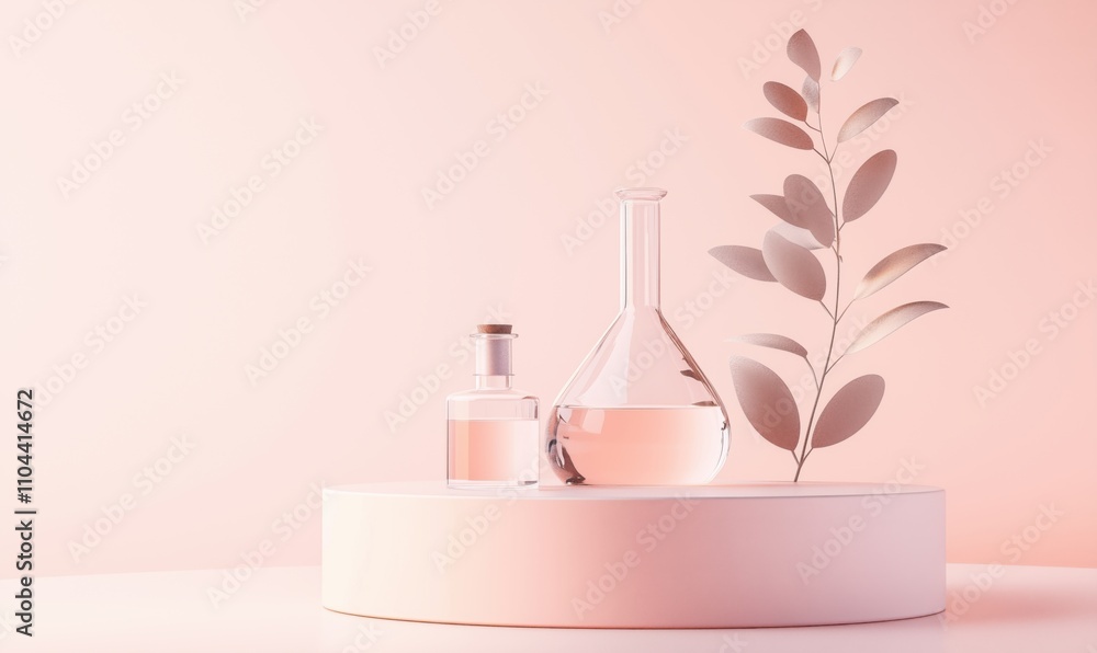 Elegant glassware display with pink background, featuring two glass bottles and a decorative leaf branch Elegant glassware display with pink background, featuring two glass bottles and a decorative leaf branch