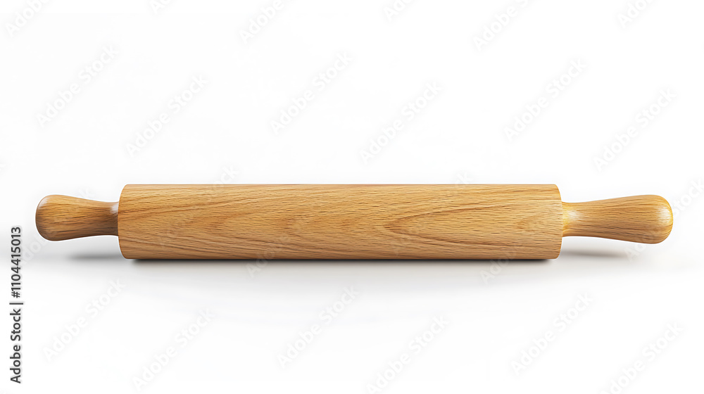 Realistic display of a rolling pin made of solid wood with smooth, cylindrical shape on a white background, showcasing the simple yet essential kitchen tool
