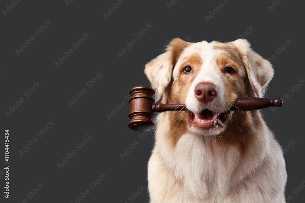 Obraz premium Cute Australian Shepherd dog with judge's gavel on black background, closeup