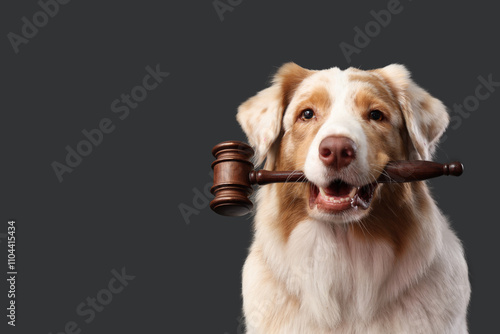 Fototapeta Naklejka Na Ścianę i Meble -  Cute Australian Shepherd dog with judge's gavel on black background, closeup