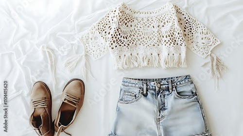 bohemian Coachella outfit featuring a crochet crop top, high-waisted denim shorts, and ankle boots on a white background, showcasing the intricate crochet pattern and casual, festival vibe