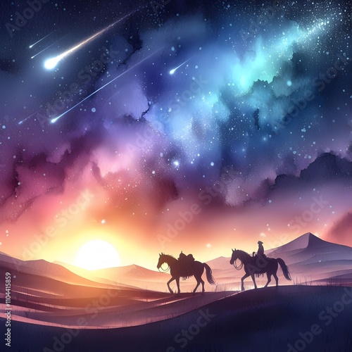 Wallpaper Mural Silhouetted riders under a starry night sky with shooting stars at sunset, gradient watercolor drawing Torontodigital.ca