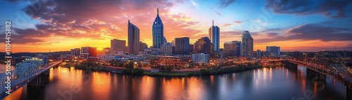 Sunset cityscape over river urban skyline photography vibrant environment panoramic view landscape aesthetic