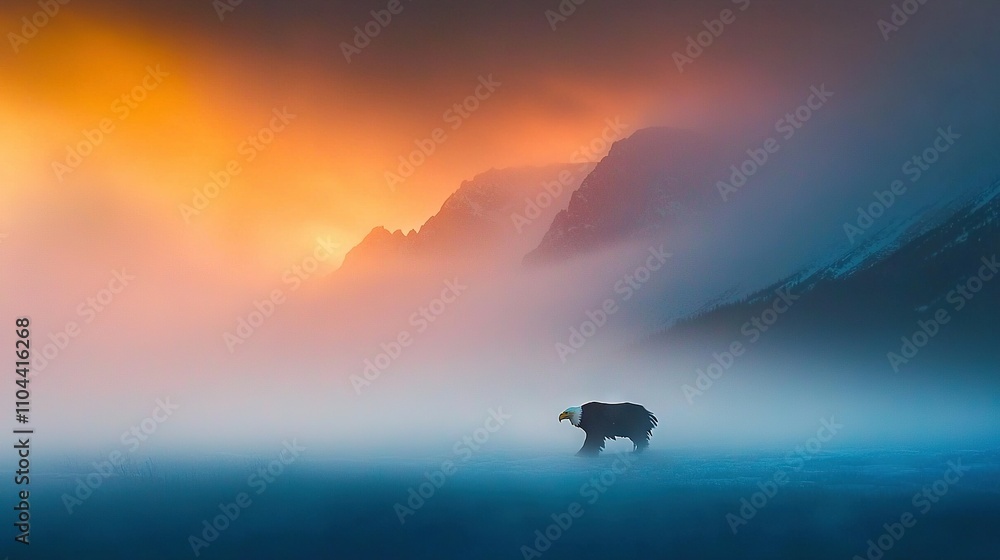 Fototapeta premium A foggy bear stands alone in a watery expanse, surrounded by towering mountains