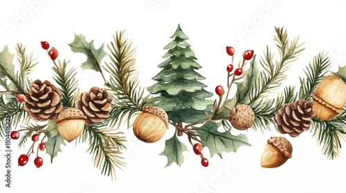 Watercolor Christmas with Fir branches, christmas balls, gingerbread, christmas cookies. Vector illustration for greeting card and invitation. Winter holidays banner isolated on white background.