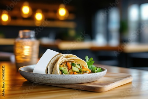 tropical taco night, avocado tacos at an inviting kitchen, embraced by tropical decor, with space for a personalized note, under warm lighting photo