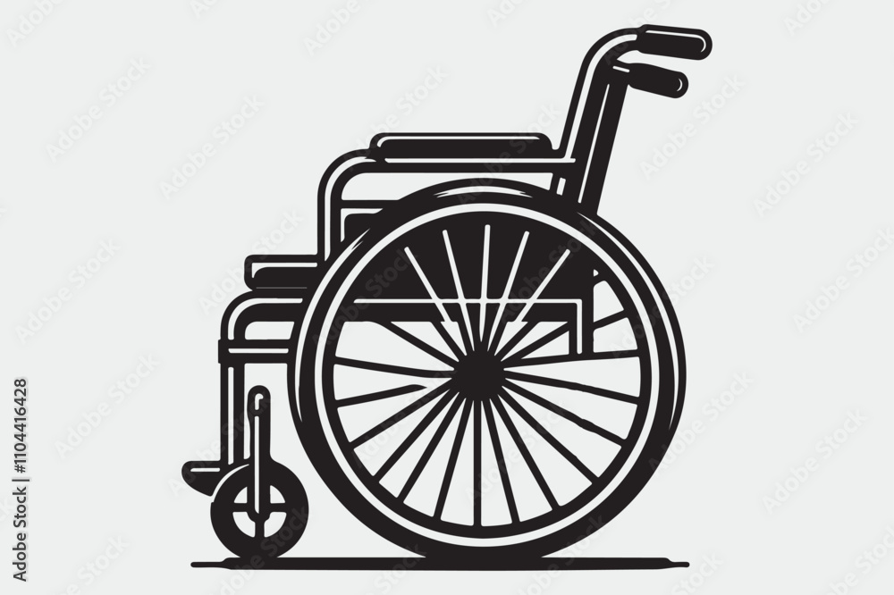 Black and white line art illustration of a wheelchair. Black and white line art illustration of a wheelchair.