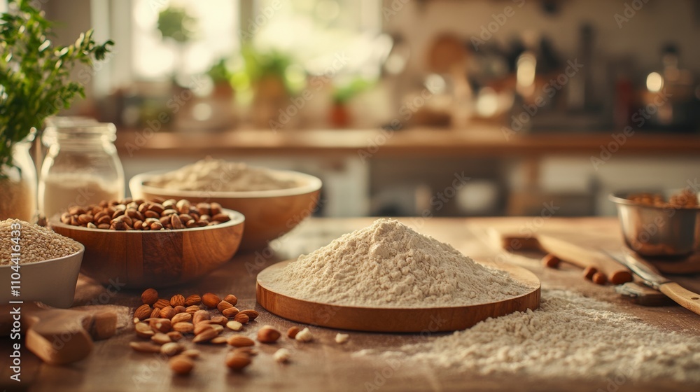 Fototapeta premium Ingredients for baking scattered on a rustic kitchen counter.
