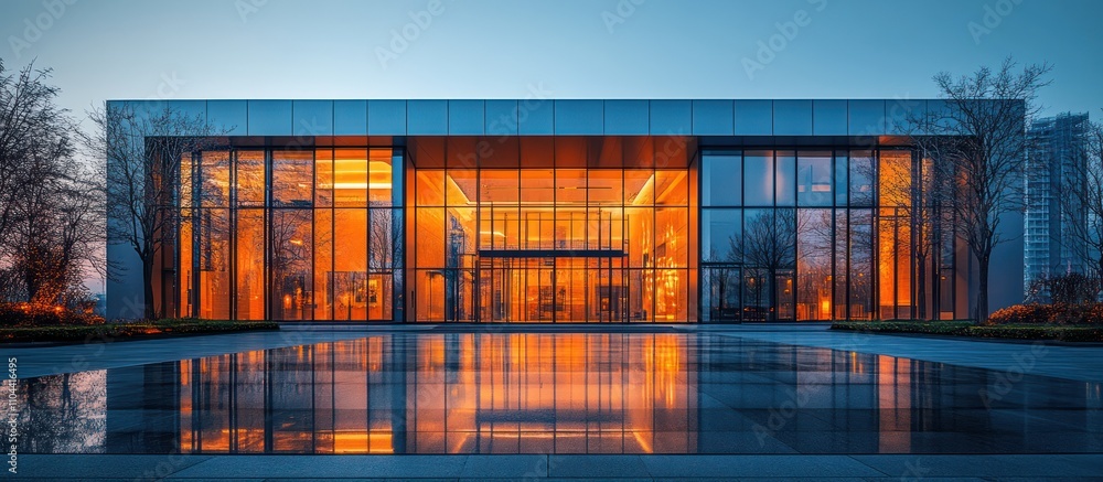 Fototapeta premium Modern glass building at dusk, reflecting in water.