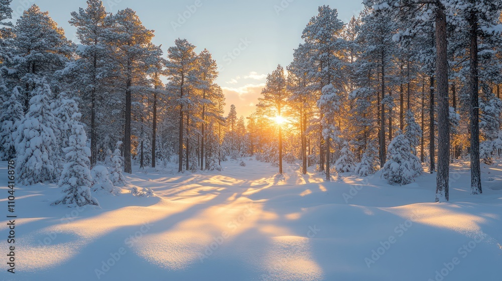 Sunlit snowy forest at sunrise. Sunlit snowy forest at sunrise.