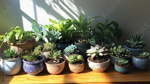 Various houseplants in small pots, arranged on a wooden surface, bathed in sunlight.