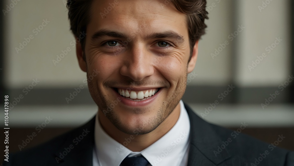 Close-up of a smiling person in a suit. Close-up of a smiling person in a suit.