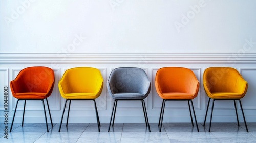 Modern chairs of various colors line up against a pristine white wall.