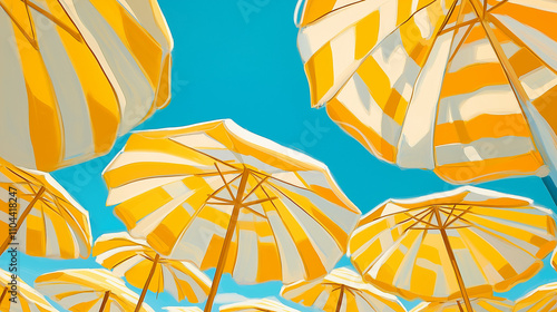 Sonnige Sonnenschirme am blauen Himmel

